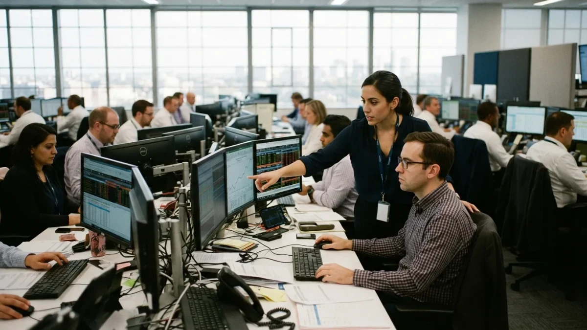 Bank payments operations staff monitoring settlement screens in a back office