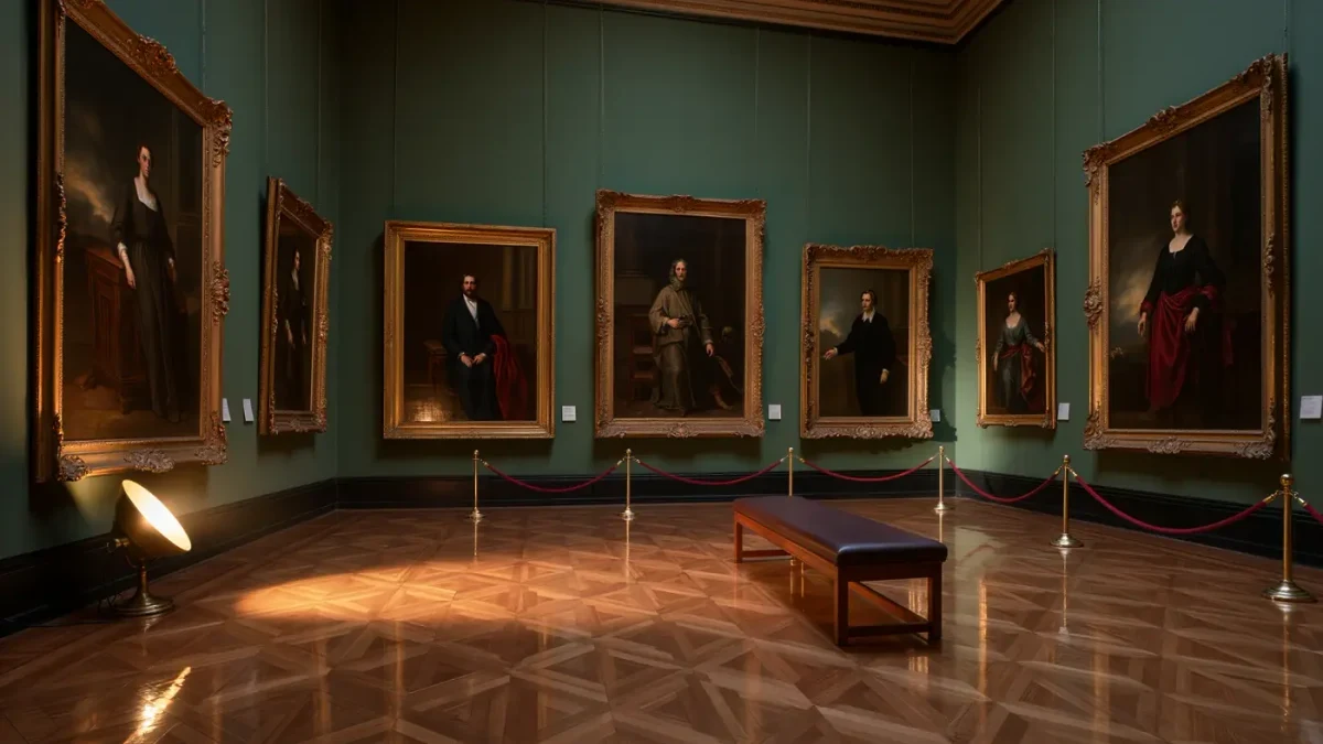 Empty old-master gallery with dim gilded frames and a viewing bench
