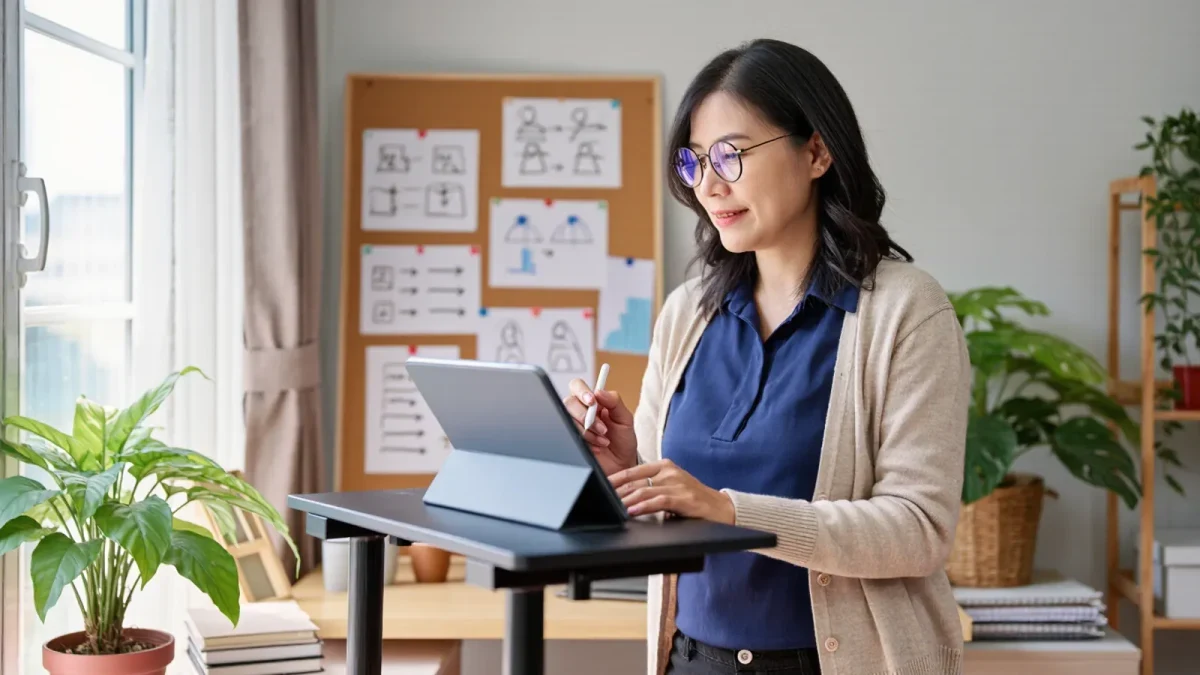 Former teacher working on instructional design at a standing desk