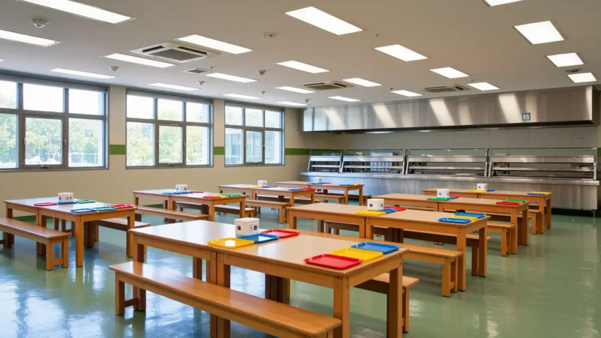 Empty school cafeteria with trays and serving counter before lunch