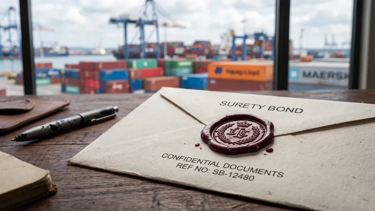 Sealed bond document beside released cargo containers at port