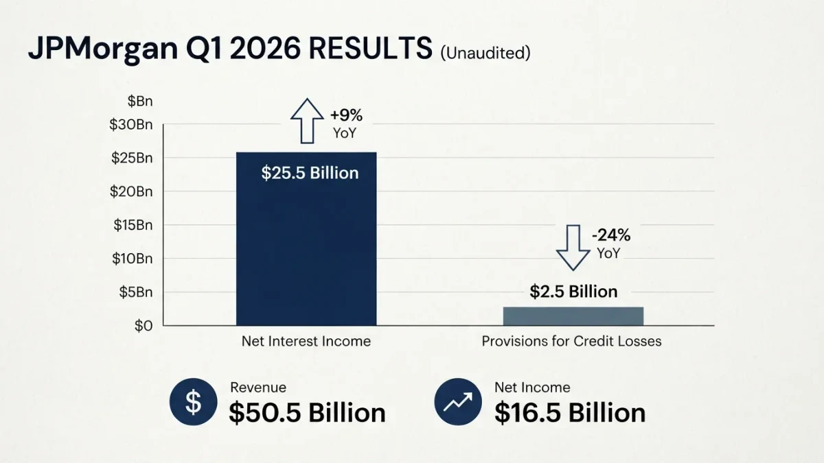Bar chart of JPMorgan Q1 2026 net interest income and provisions