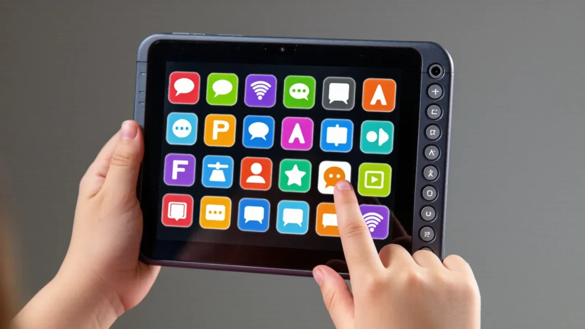Close-up of a student using a speech tablet with symbols