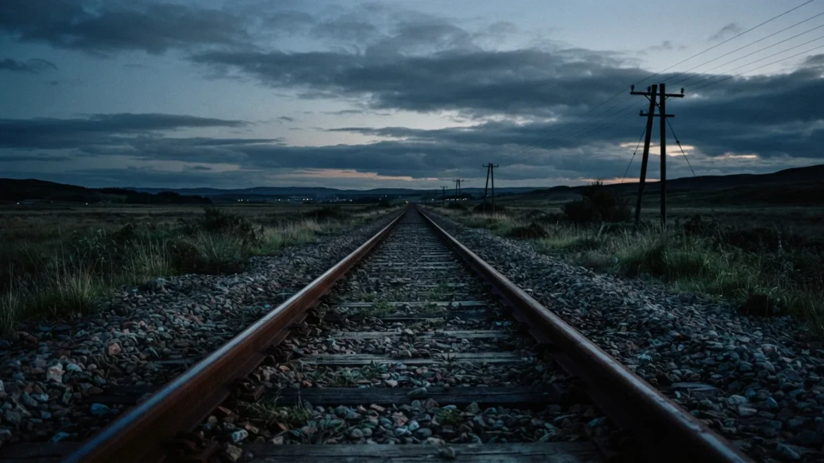 Two railway tracks converging toward a dusk horizon