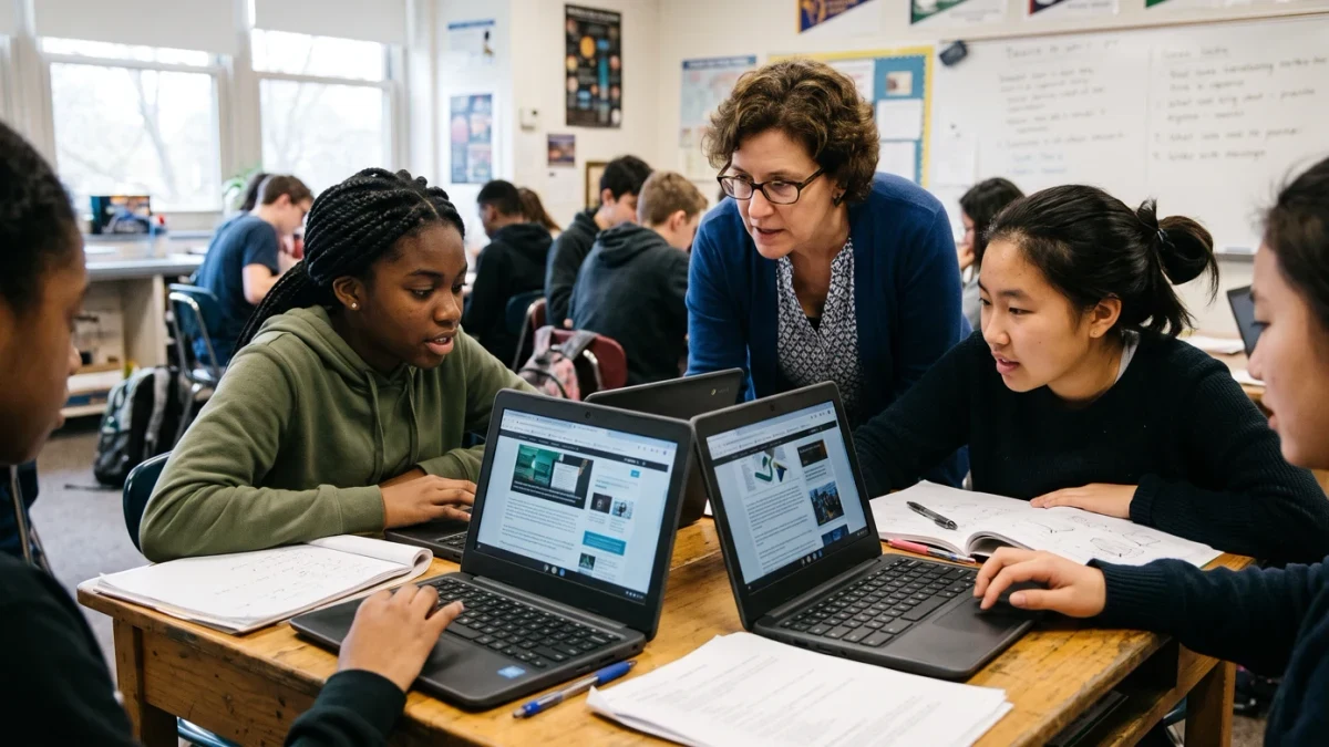 Students comparing sources on laptops in a classroom