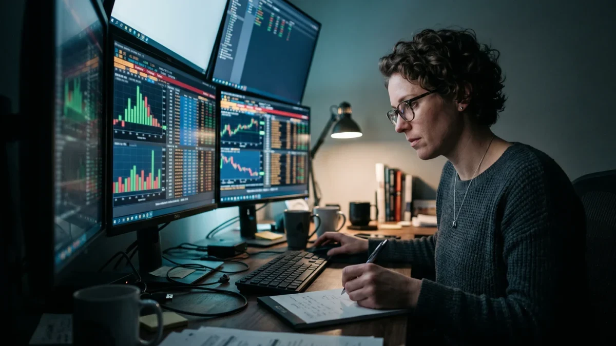 Trader analyzing options flow on multiple monitors at night