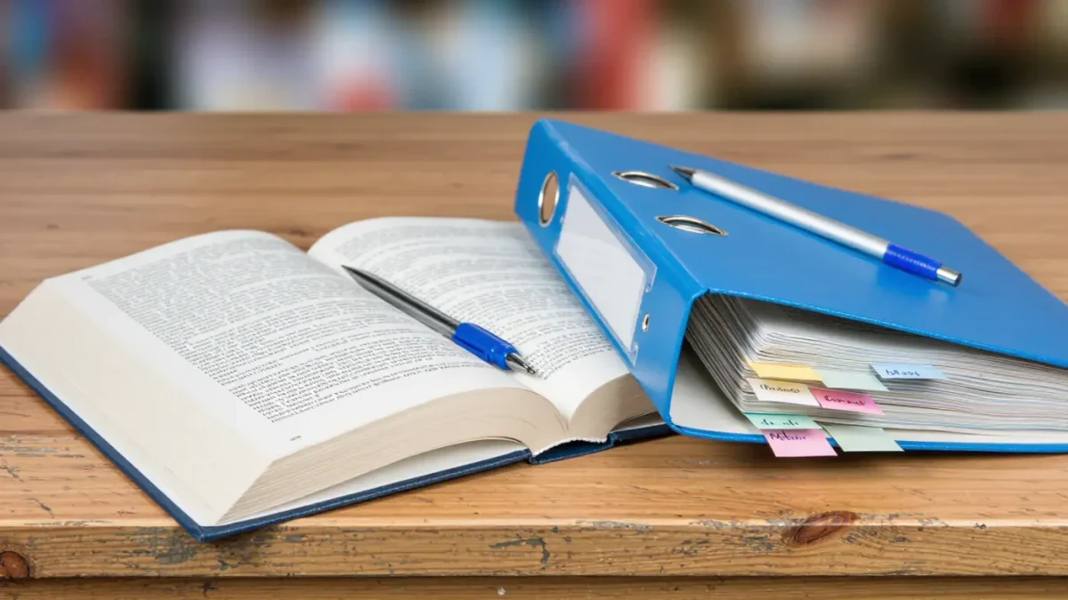 College textbook beside a high school binder close-up