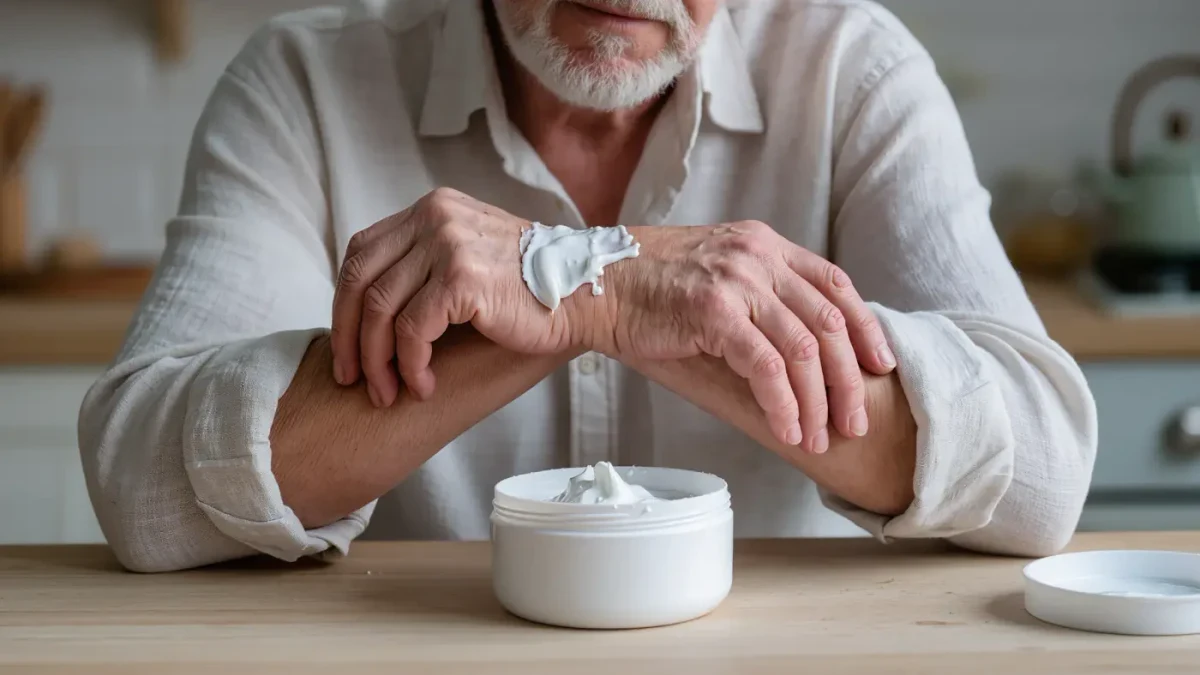 Older man smoothing thick white cream onto a very dry elbow at a kitchen table
