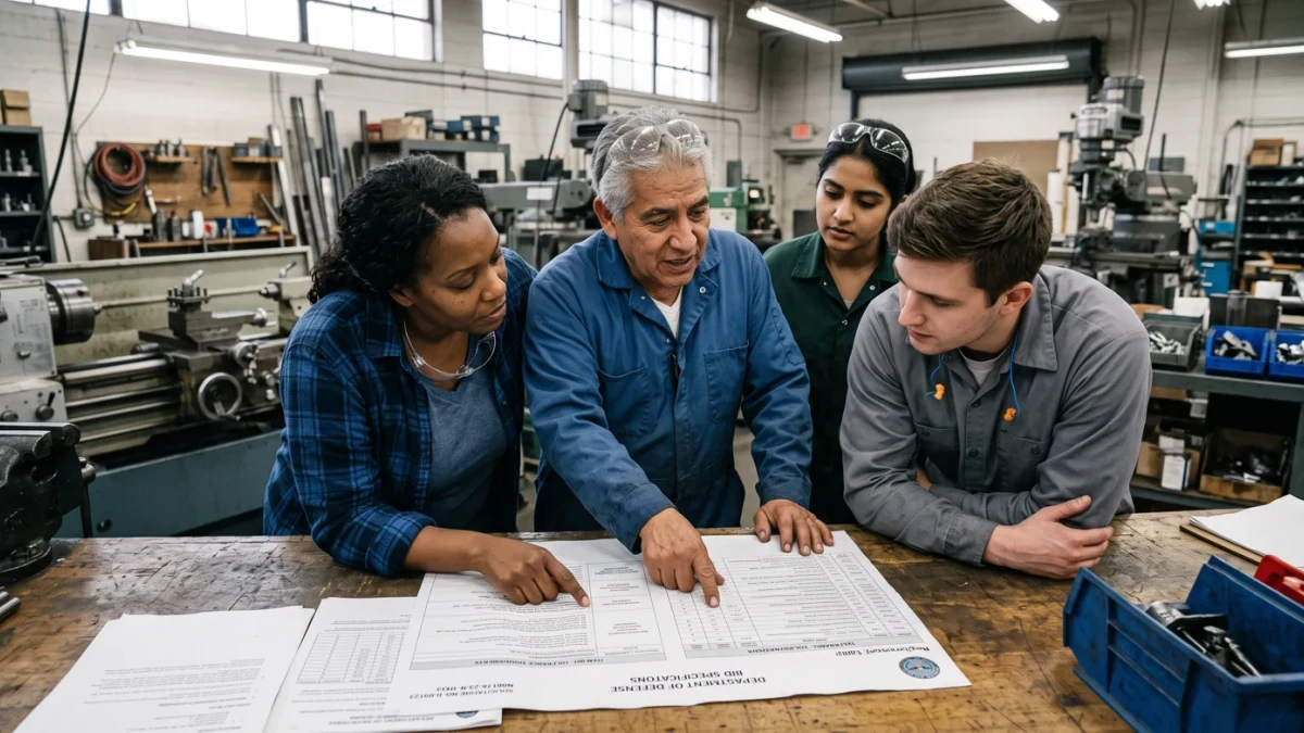 Shop floor team reviewing federal bid documents