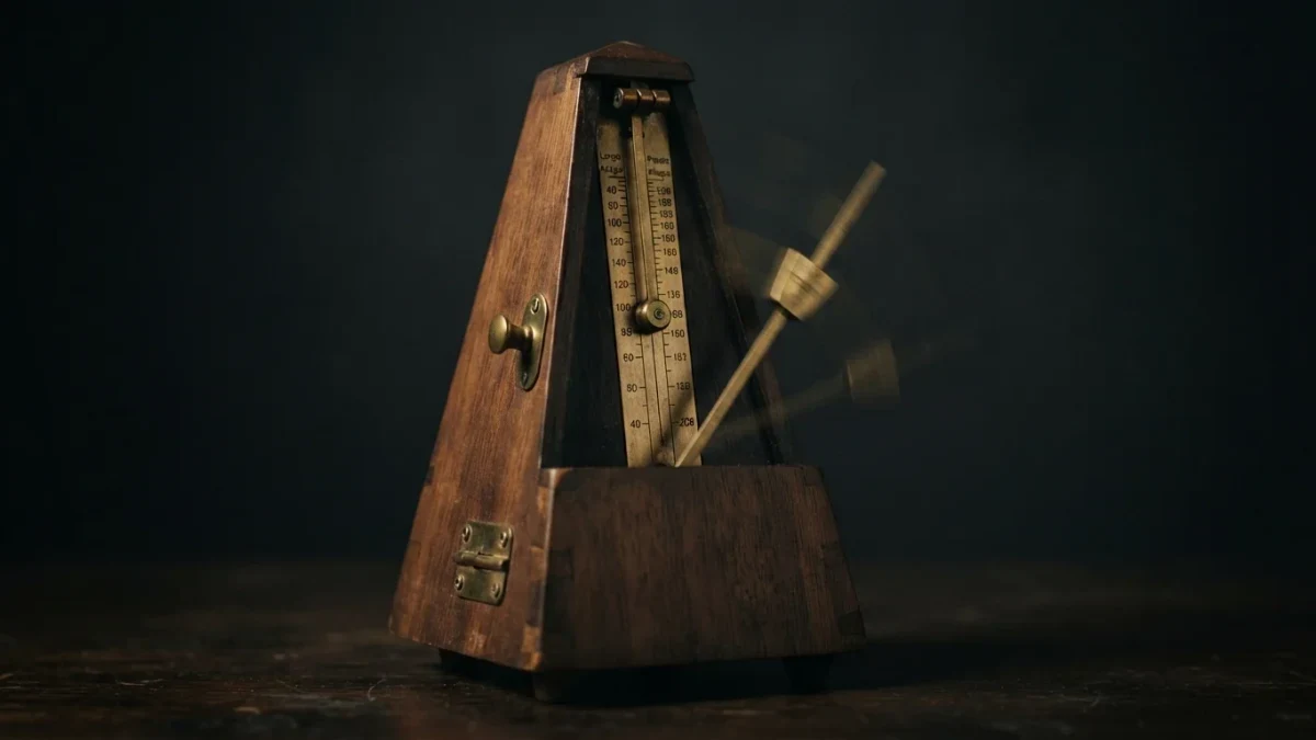 Macro close-up of a mechanical metronome ticking mid-swing