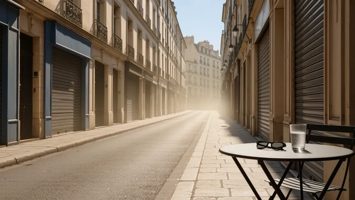 Empty Paris street shimmering in heat haze with sunglasses on a café table