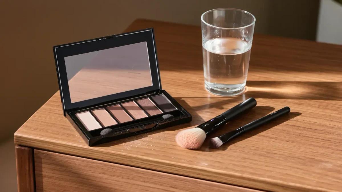 Sunlit dressing table corner with an open neutral eyeshadow palette and two brushes