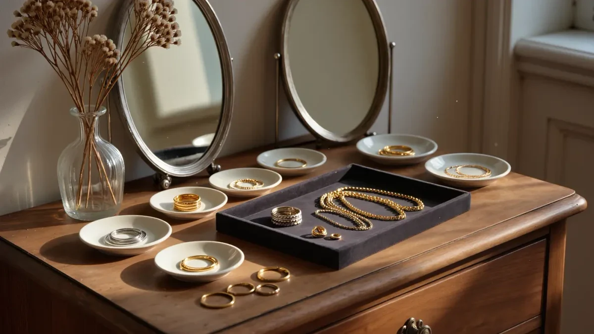 Dresser top with ceramic dishes holding stacked rings, chains and earrings in mixed metals