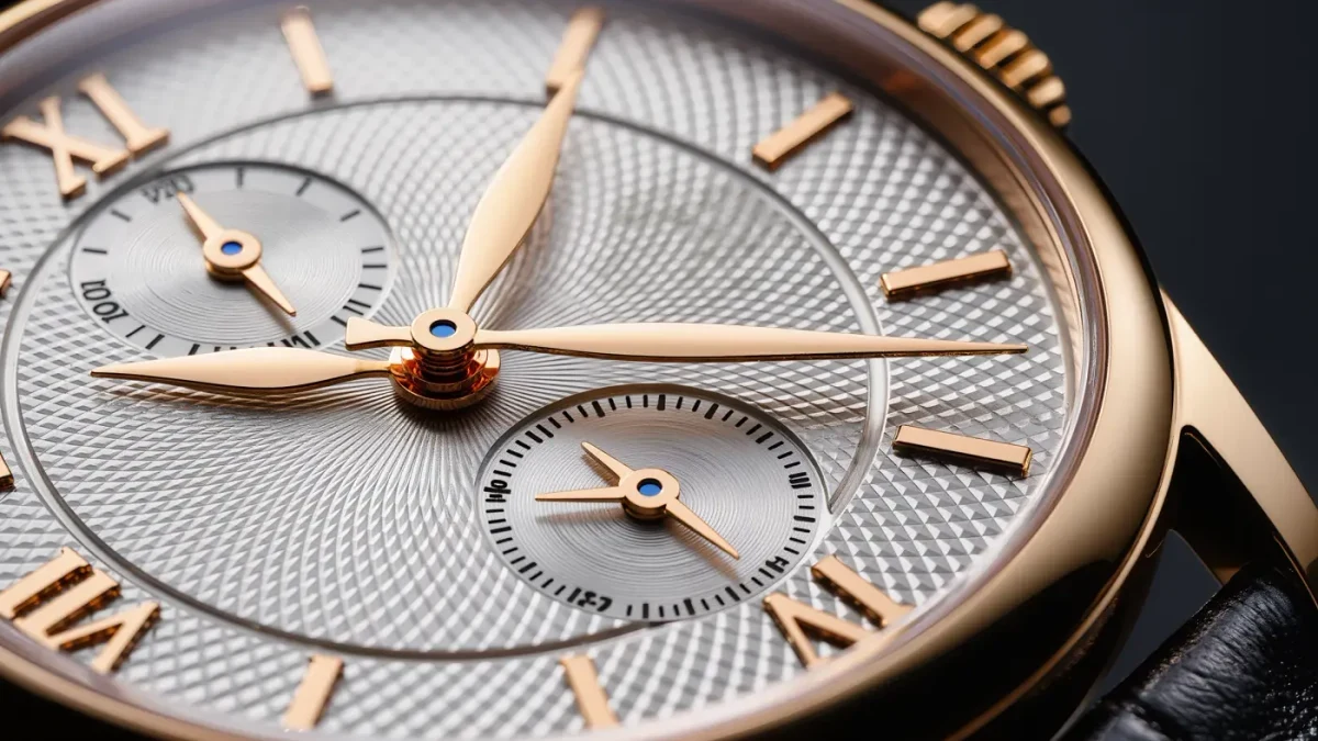 Macro of a luxury watch dial with guilloche texture and gold indices