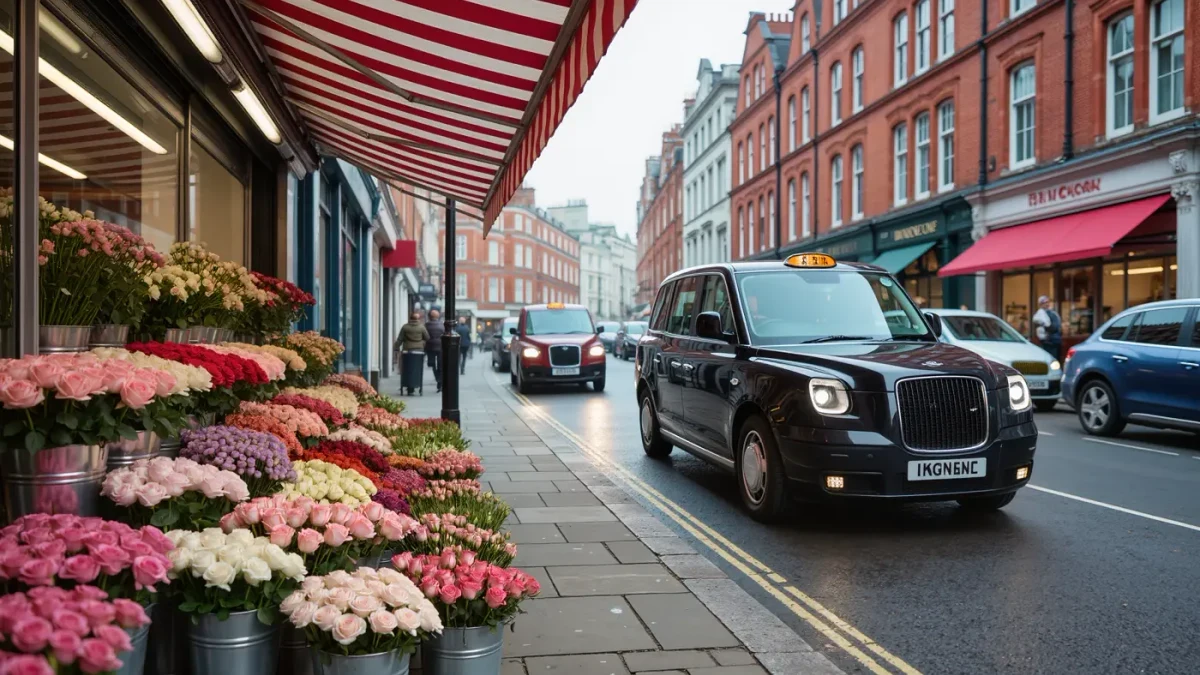 Westminster street morning with florist buckets and vintage cab