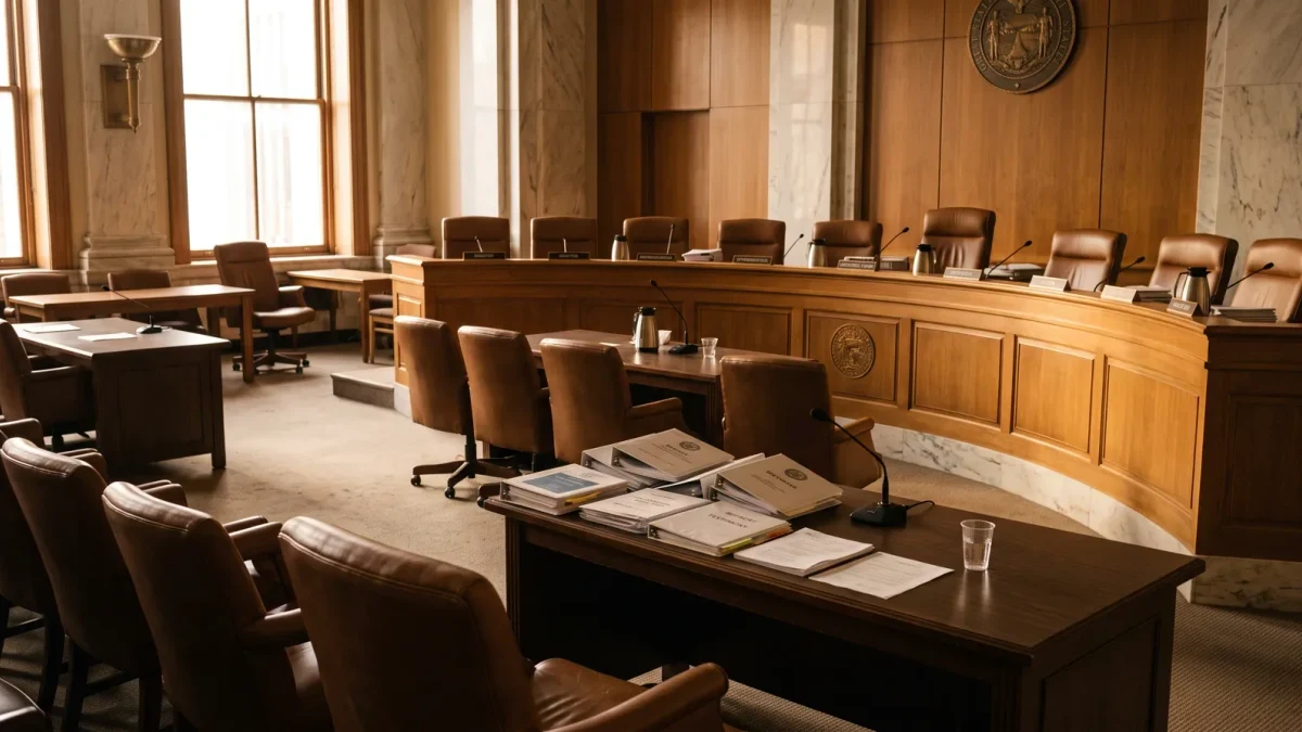 Empty hearing room in a state capitol after sunset review session