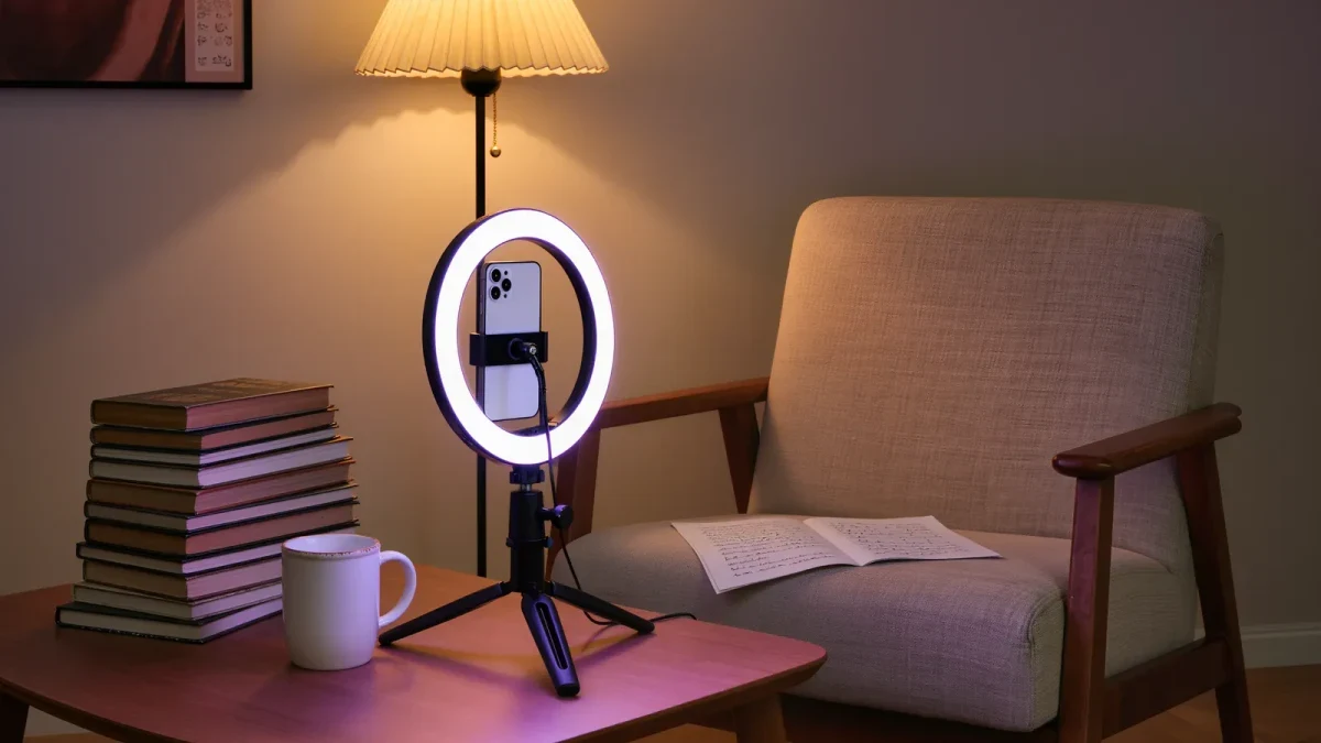 Home setup with ring light and smartphone filming a video message