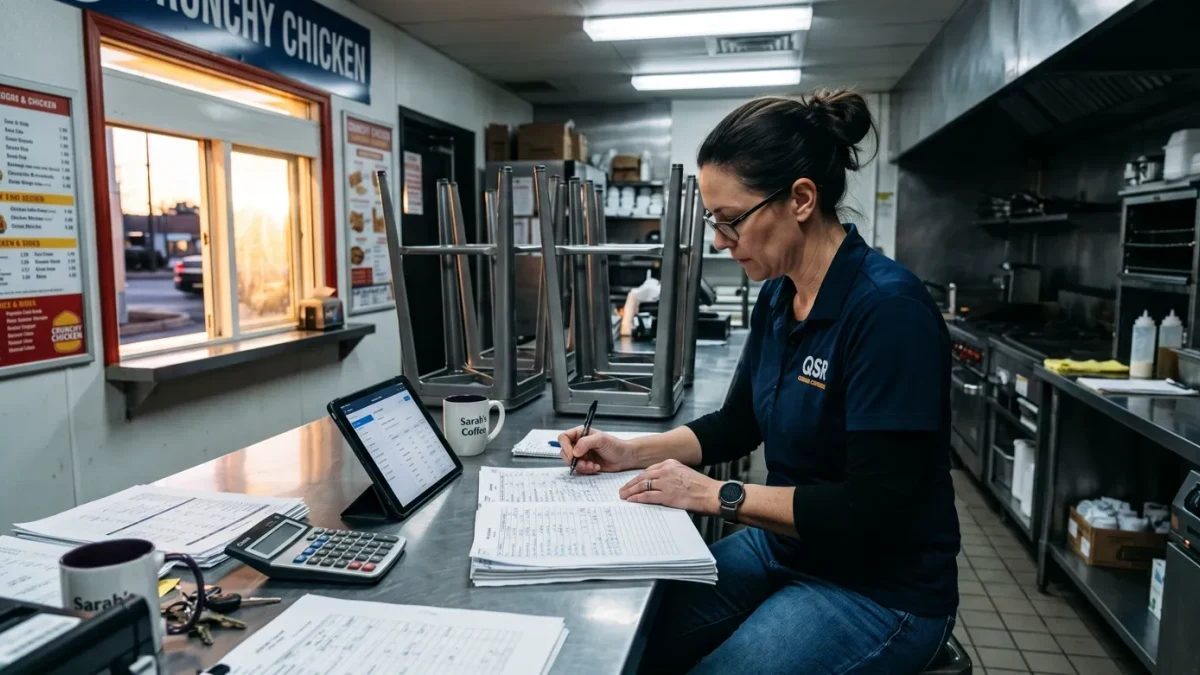 Franchisee reviewing unit ledgers at a counter before opening