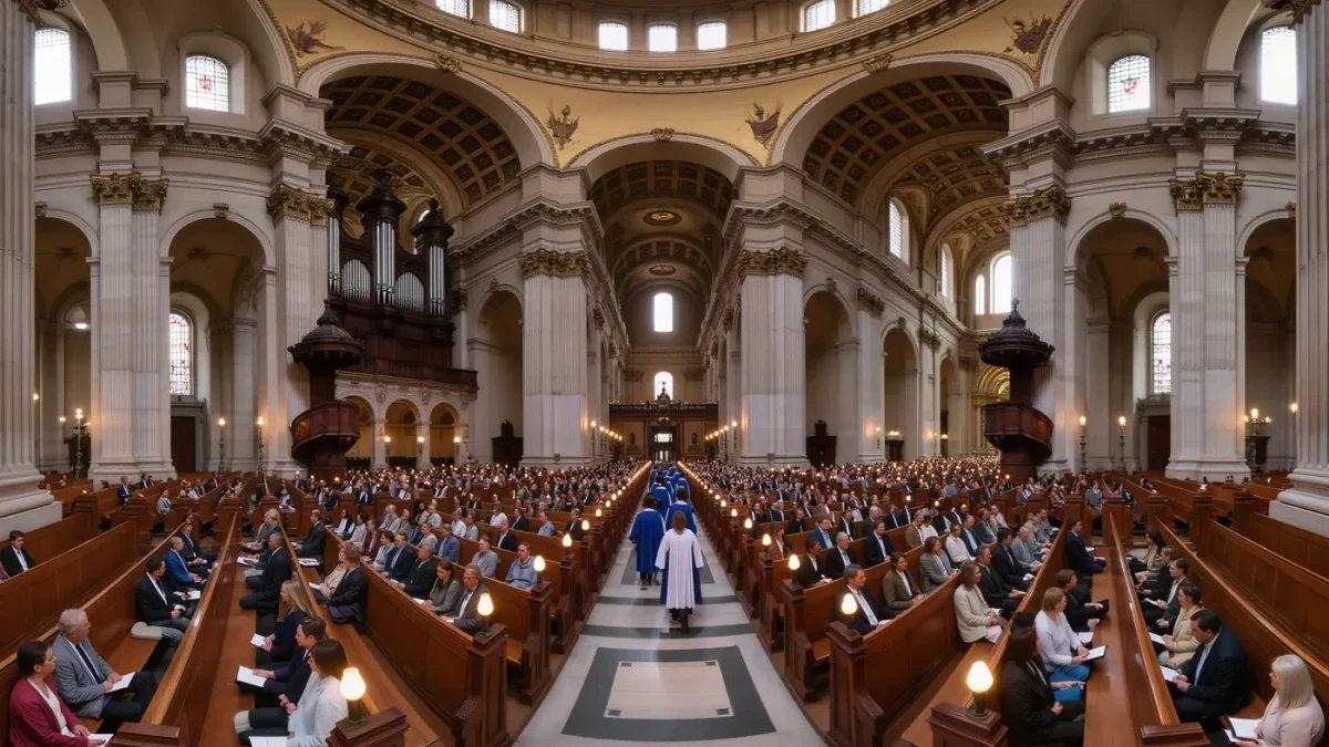 Diverse congregation seated beneath a cathedral dome in candlelight