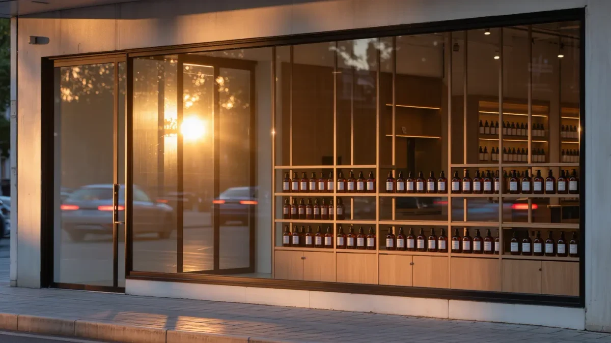 Modern beauty retail storefront with haircare bottles in the window