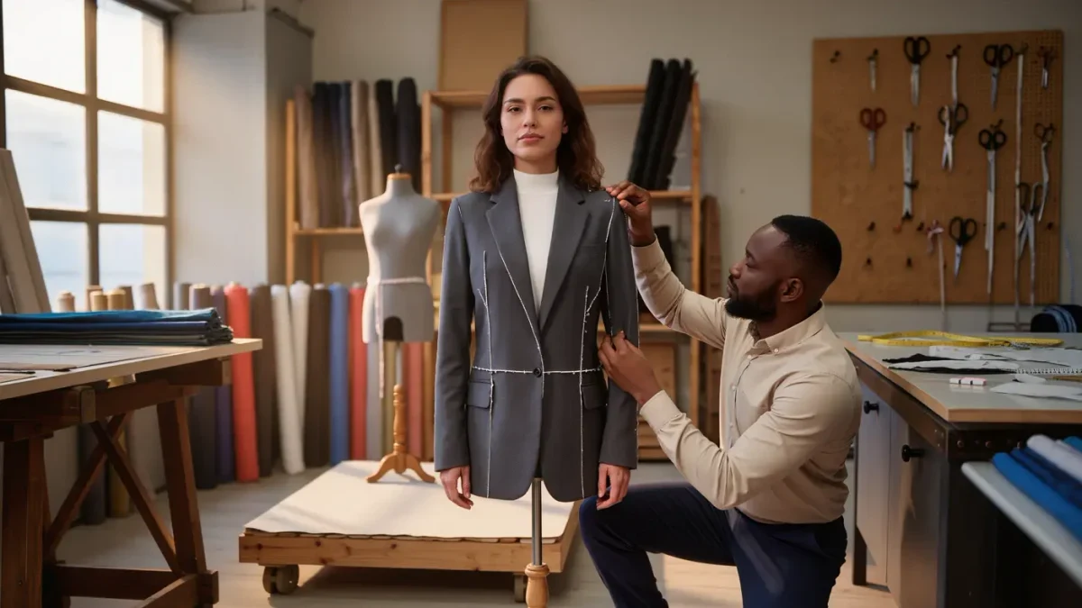 A tailor pinning the shoulder seam of a charcoal blazer on a client inside a daylight tailoring studio
