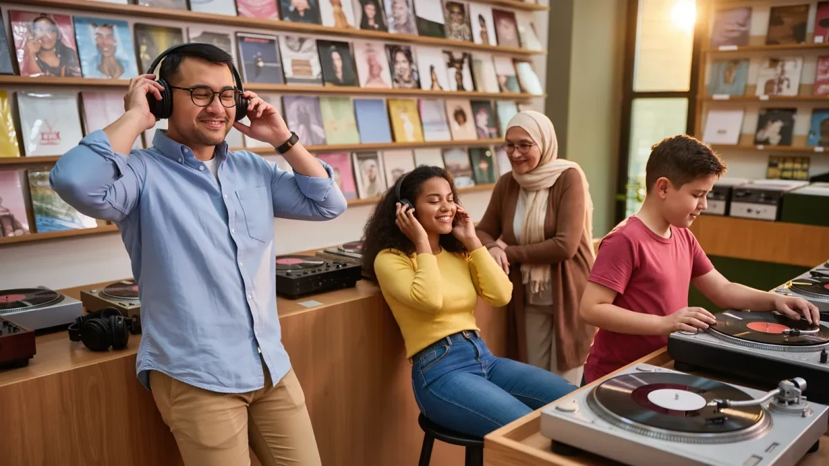 Diverse listeners testing headphones in a record shop aisle