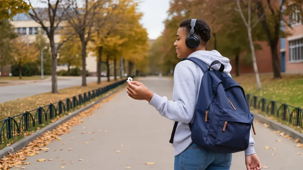 Teen wearing headphones walking to school seen from behind