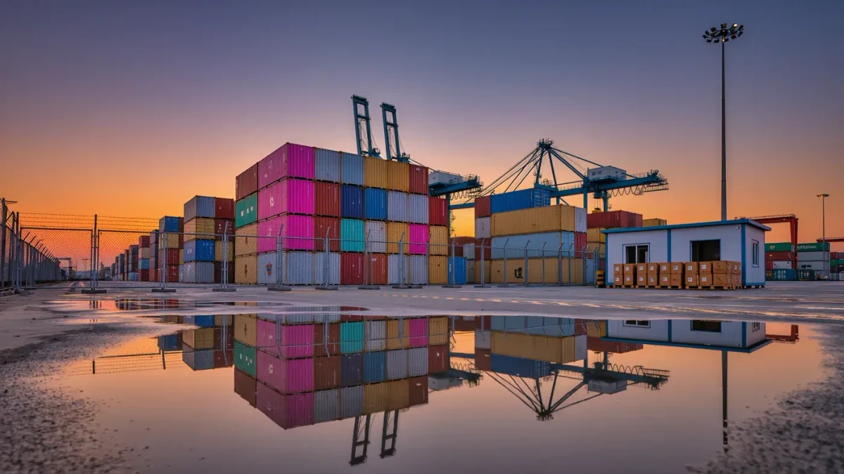 Container port at dusk with stacked shipping containers and quiet cranes