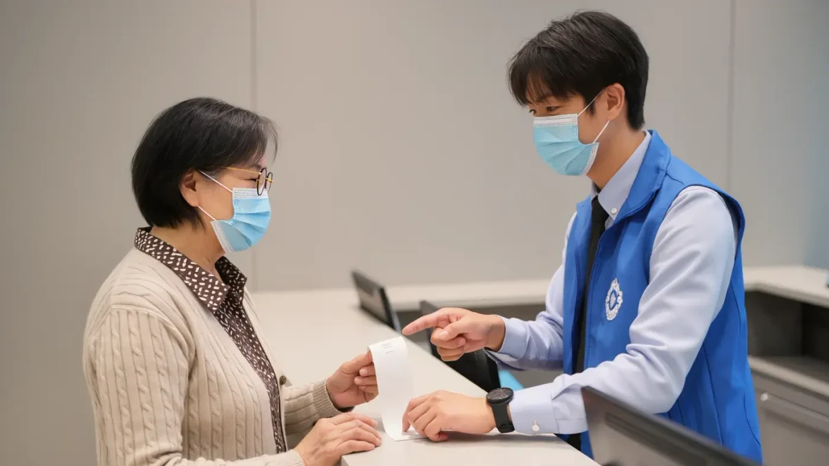 Store employee at a customer service counter helping a shopper with a receipt