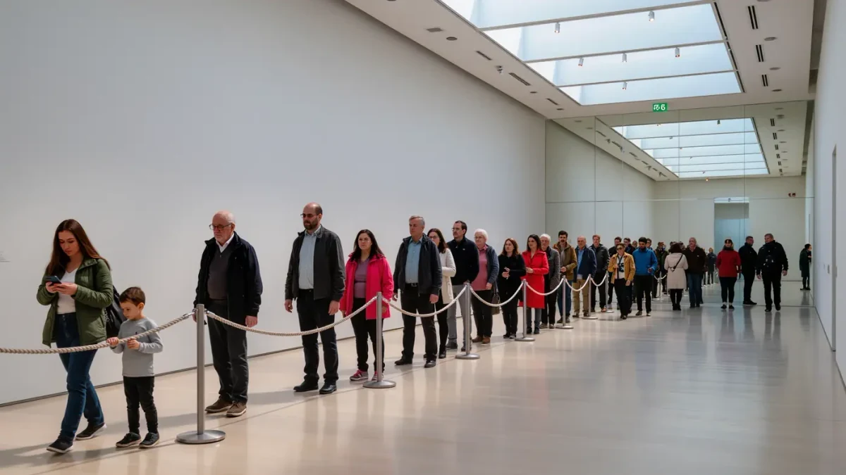 Visitors of mixed ages waiting in an installation queue