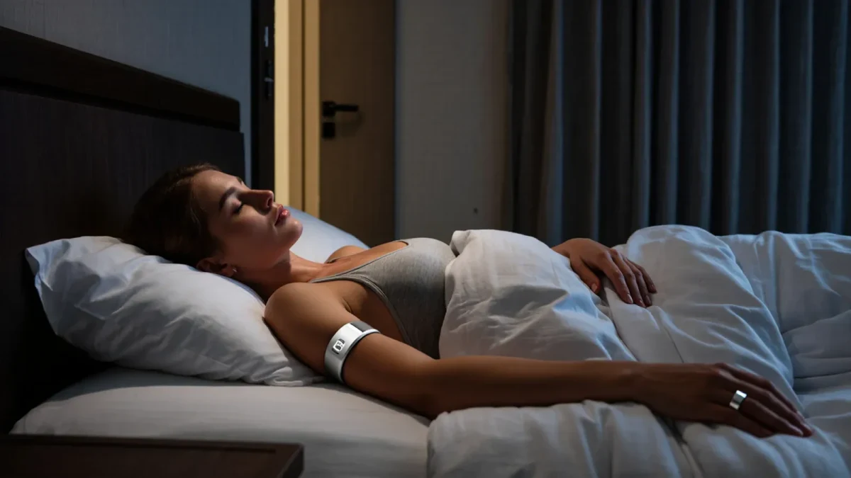 Athlete resting in a darkened bedroom wearing a sleep tracker