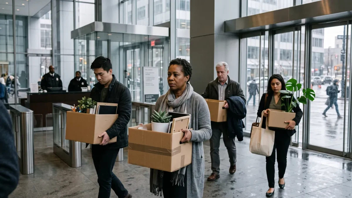 Employees carrying boxes out of an office tower lobby
