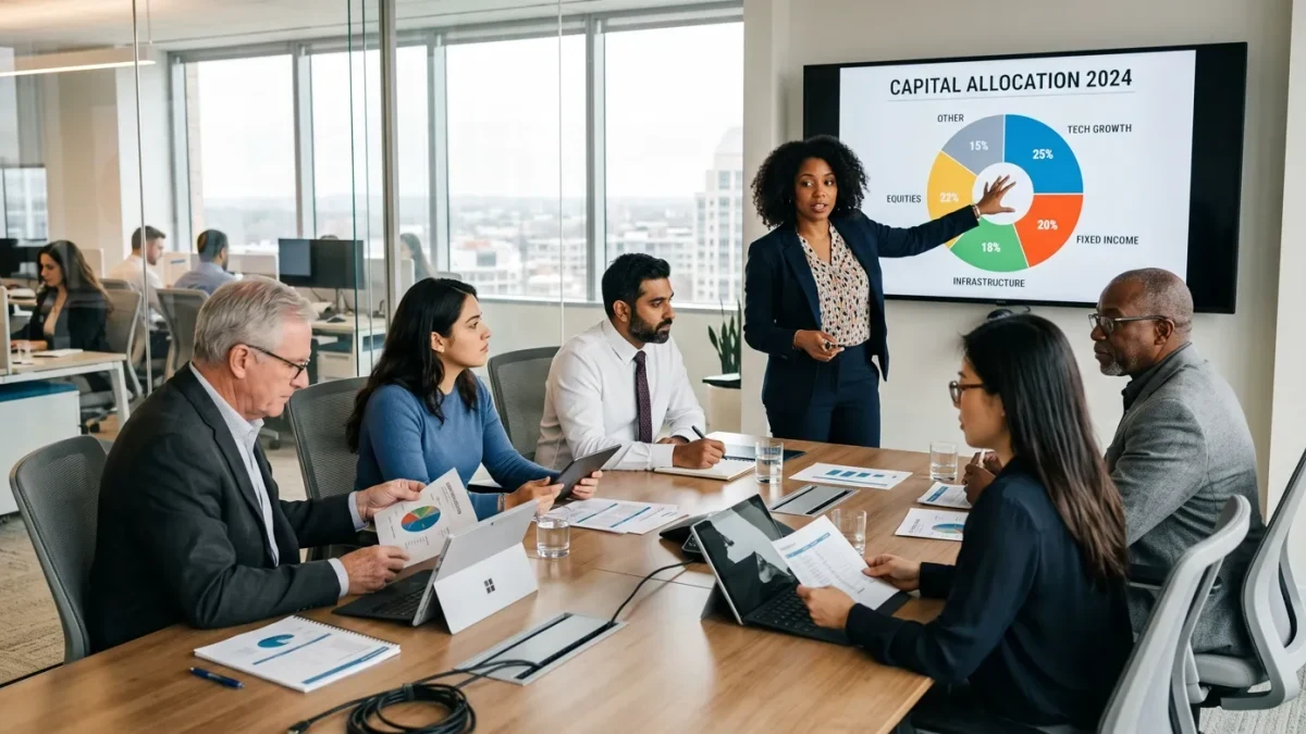 Candid photo of a finance team reviewing capital-allocation charts