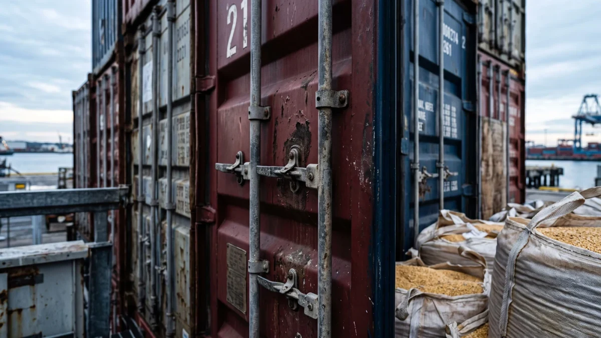Close-up of cargo container locking bars at a grain terminal