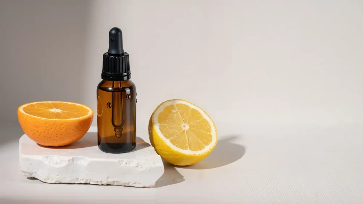Amber glass serum bottle with dropper beside orange and lemon slices on white stone