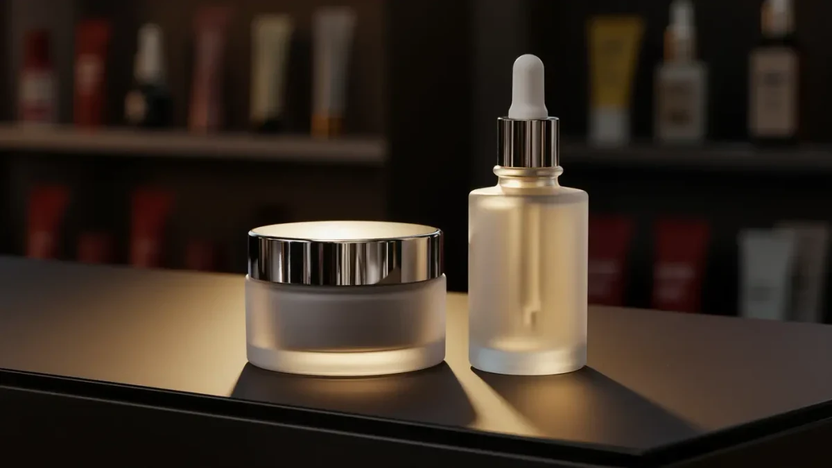 frosted glass serum bottle and cream jar under warm retail spotlight