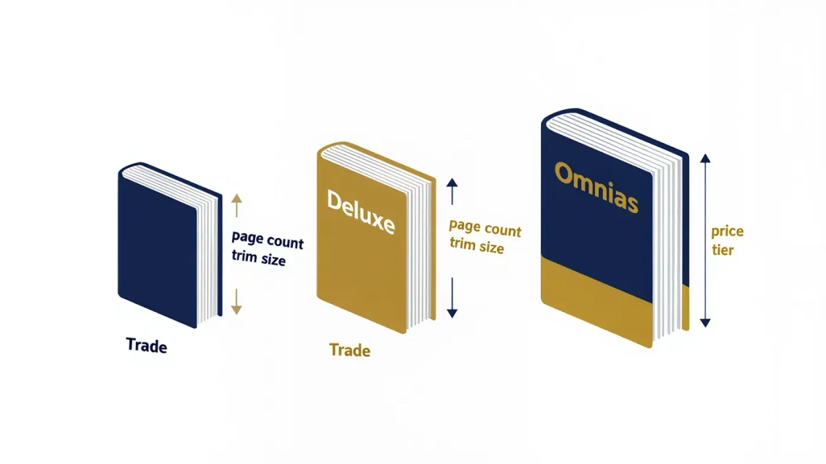 Infographic comparing trade, deluxe, and omnibus book formats