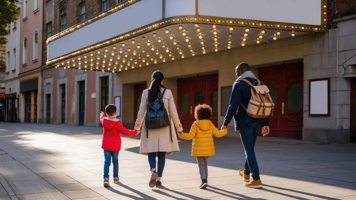 Family with two children walking toward a cinema entrance on a bright afternoon