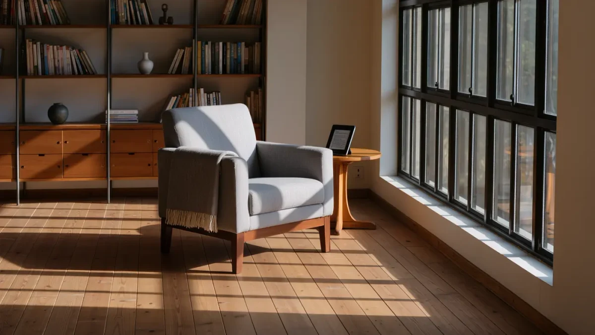 Reading chair by a bright window with an e-reader resting