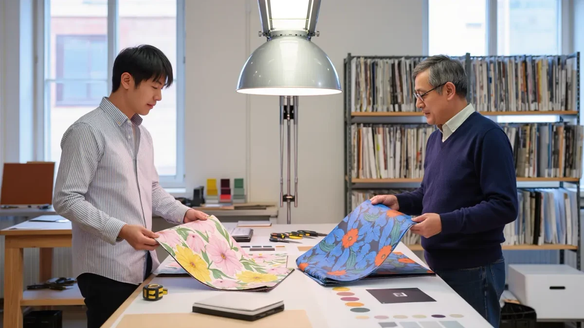 Two designers comparing printed colourway swatches beneath a daylight lamp