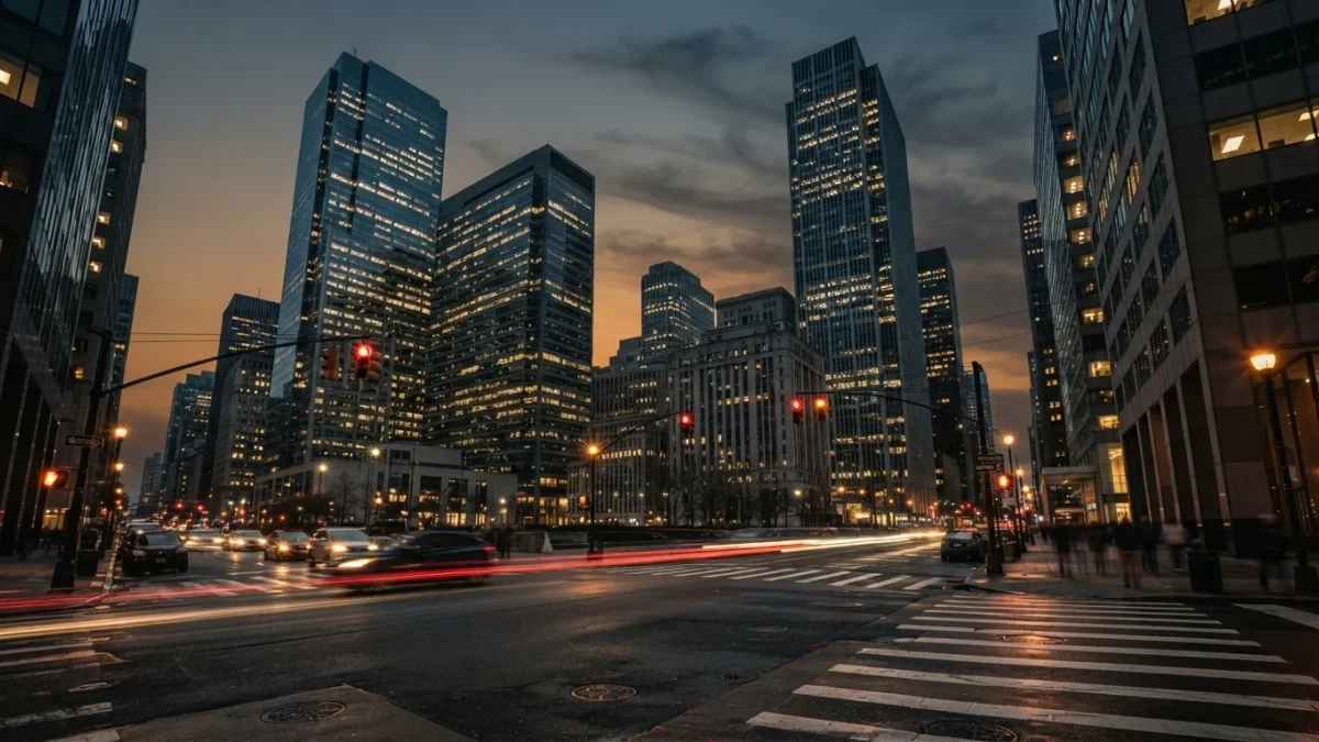 Downtown financial district skyline with bank towers at dusk