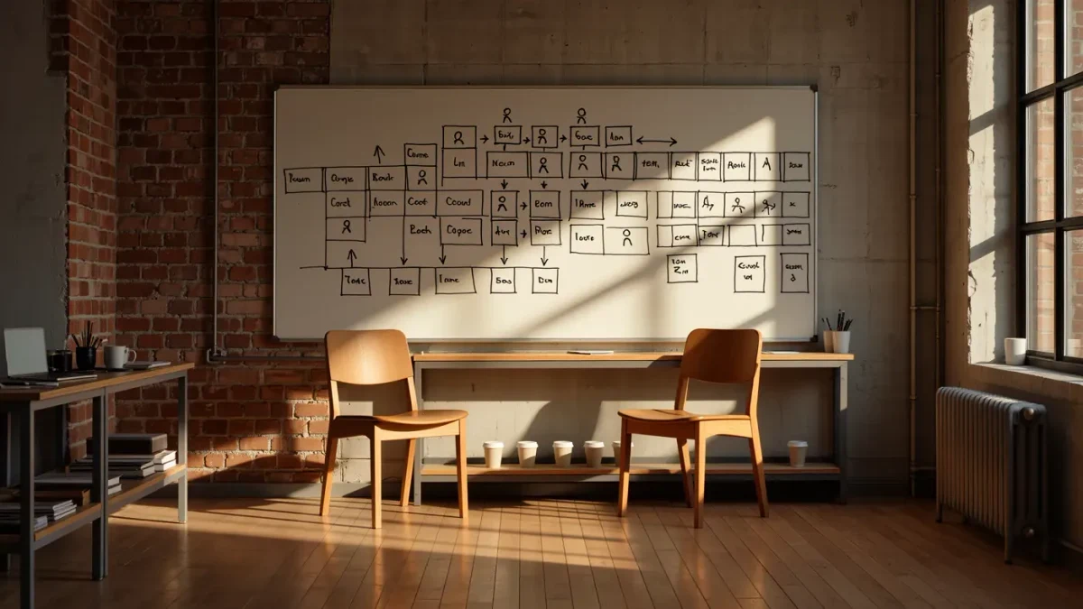 Two empty chairs before a whiteboard of hand-drawn org sketches, morning light