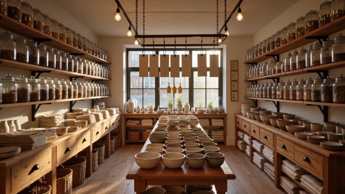 Boutique shelves with unbranded jars under warm afternoon shop light