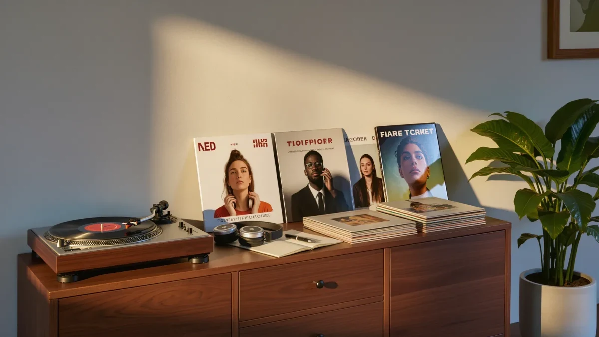 Home listening corner with turntable, headphones and week's record stack