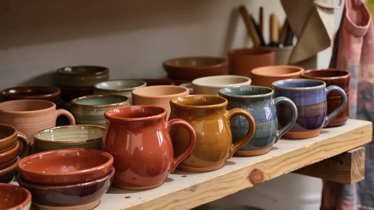 Ceramic mids glazed by hand drying on a wooden workshop shelf