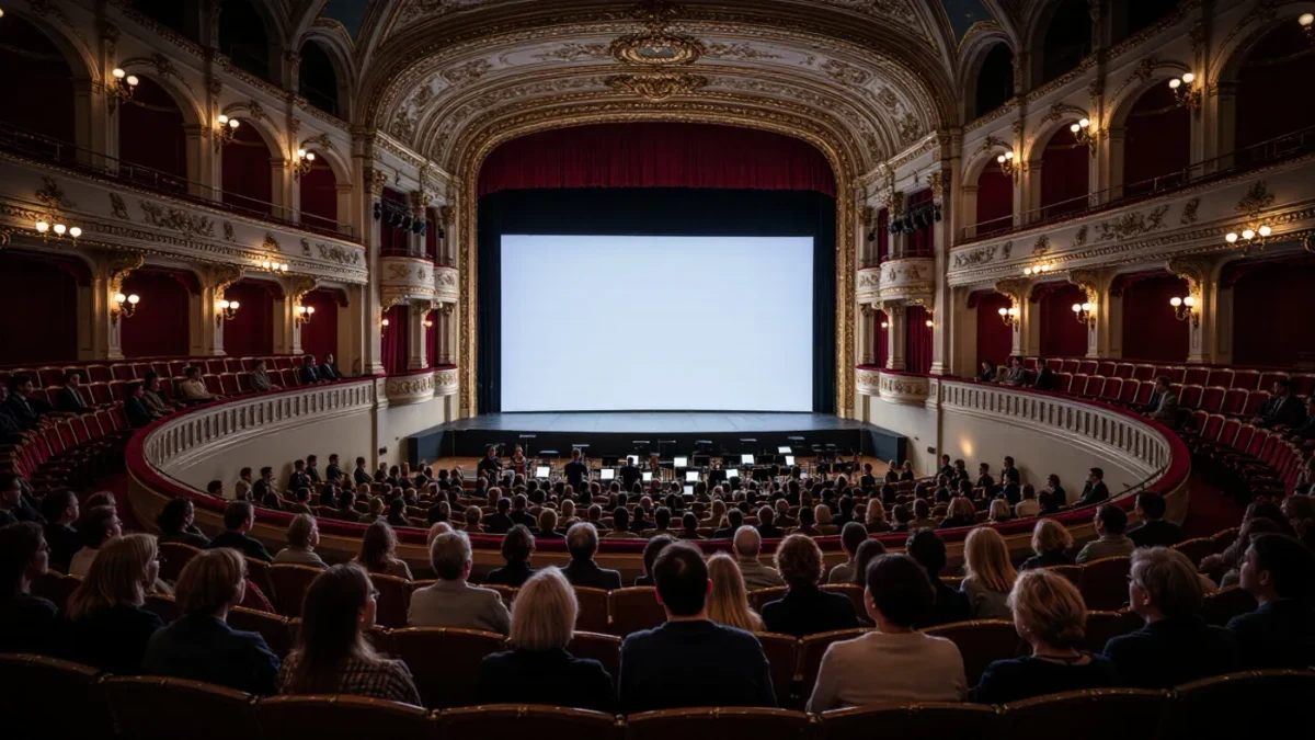 Concert audience watching a film with live orchestra in a historic hall