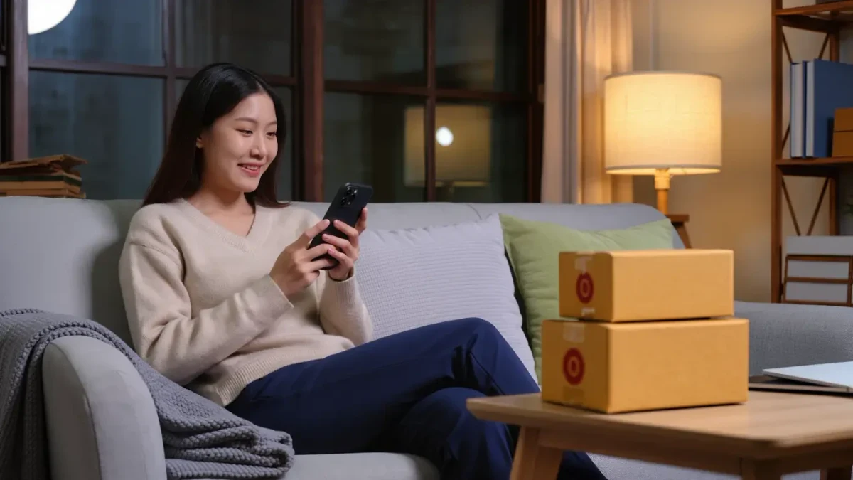 Young shopper scrolling deal app on couch during evening sale event