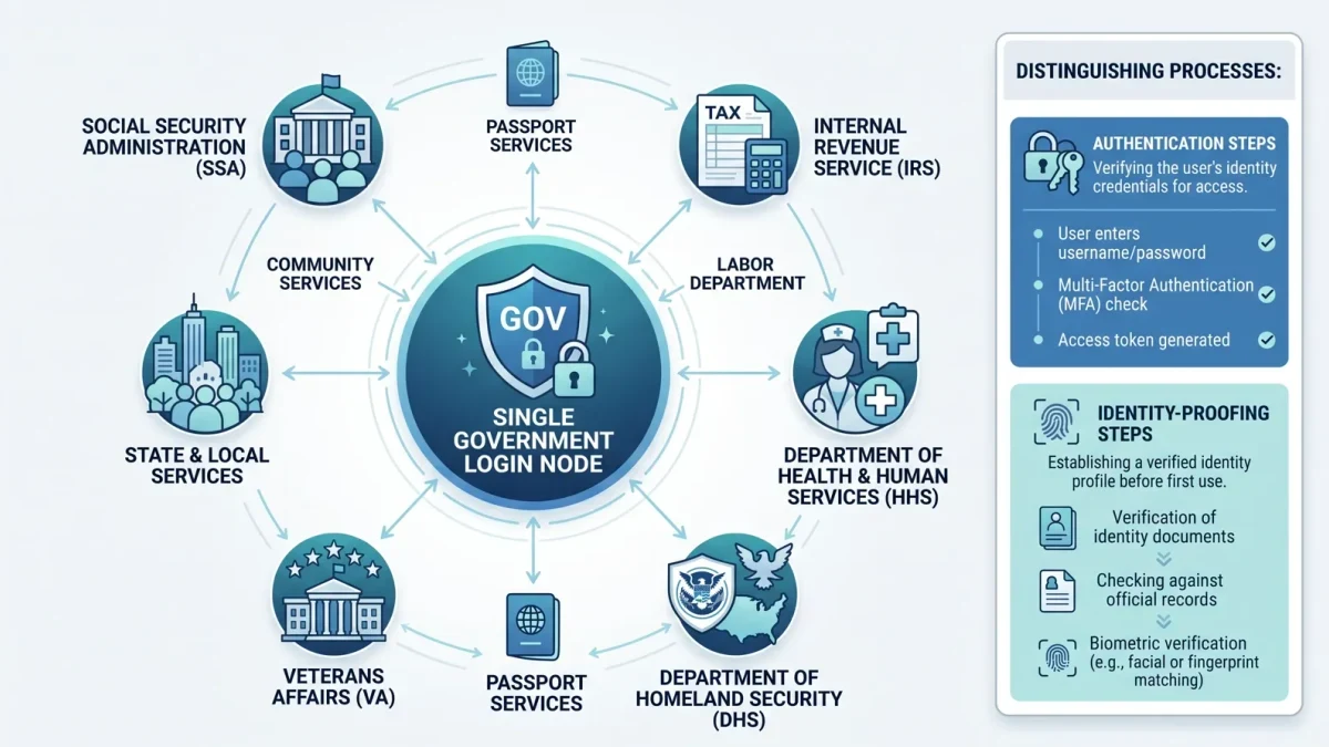 Infographic of one shared login connecting many agency services