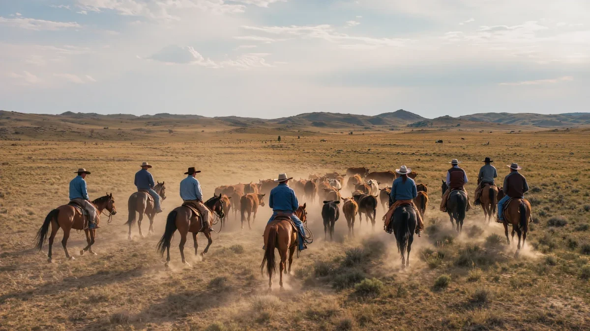 Working cowboys moving cattle across Montana rangeland