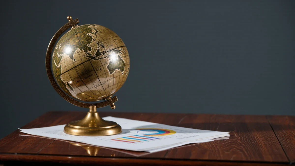 Close-up of globe with abstract market data overlays